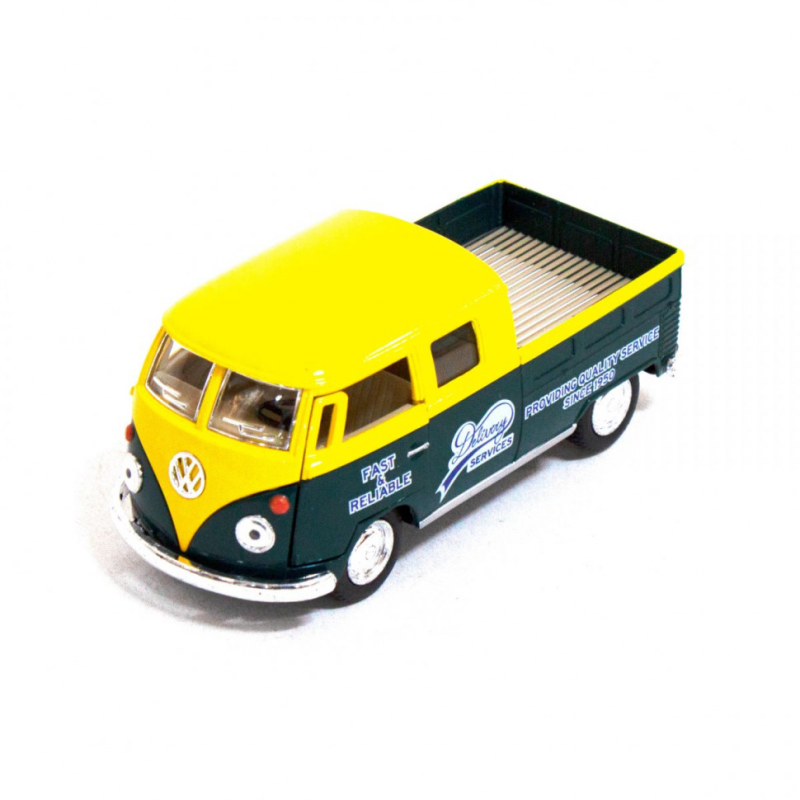 Детская модель машинки Volkswagen Bus Double Cab Pickup Delivery 1963 Kinsmart KT5396W инерционная, 1:34 Yellow