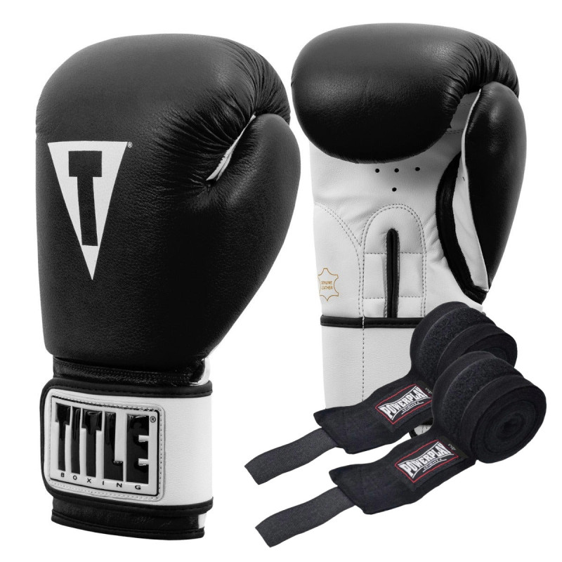 Боксерські рукавиці TITLE Premier Leather Black/White L 14 oz (бинти 4м. в комплекті)