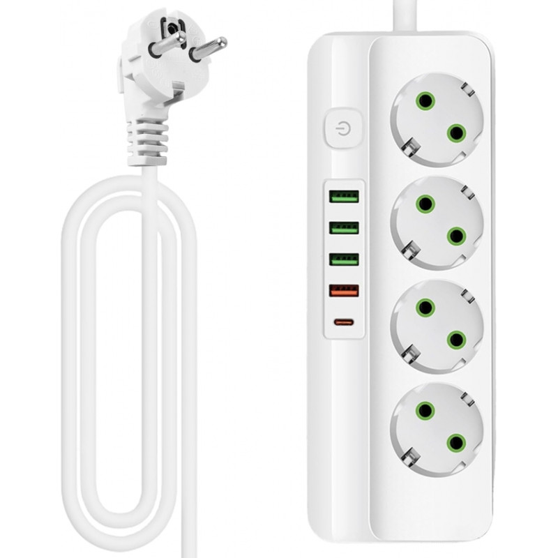 Сетевой удлинитель на 4 розетки с 4 USB-портами и USB Type-C 3м, кнопка включения, белый