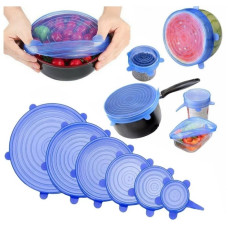 Набор силиконовых крышек Kitchenio Super Stretch Silicone Синих 6 шт, Вакуумные крышки на лотки и каструли 6 шт