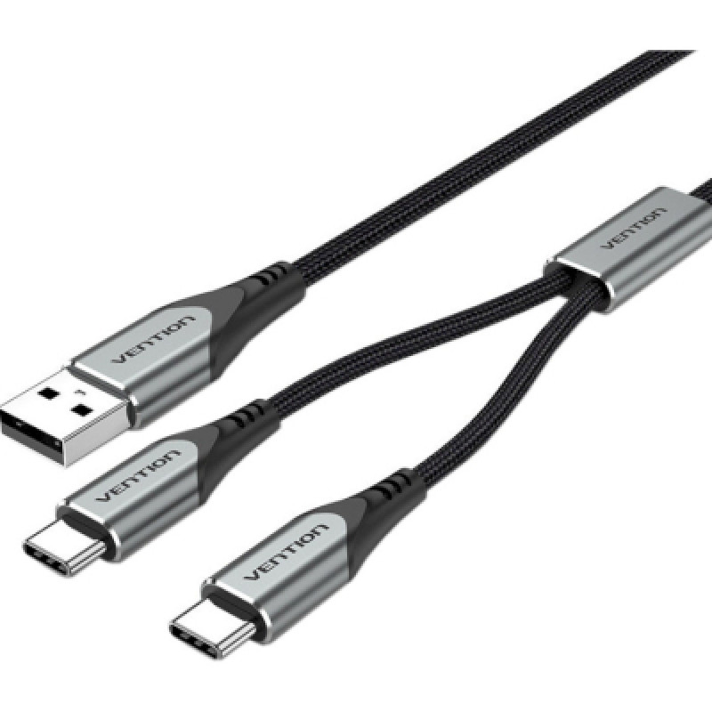 Кабель USB 2.0 AM - 2хType-C M, 1.0 м Y-Splitter Charging Cable 2.4А 480Mbps Aluminum Alloy Vention