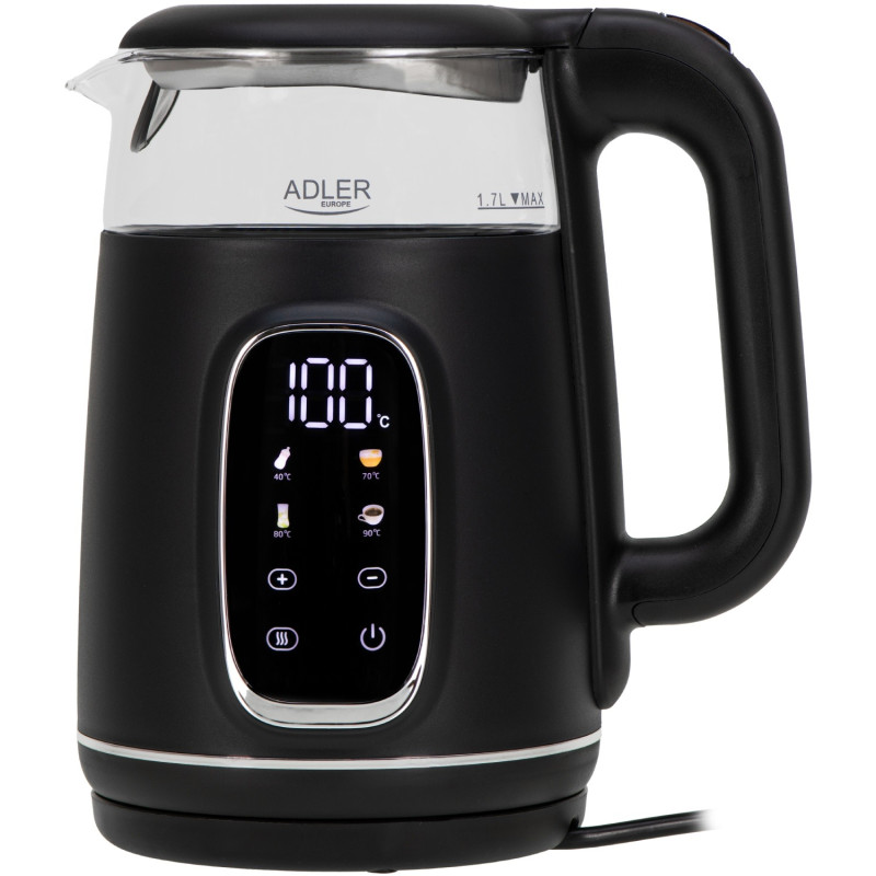 Електрочайник Adler AD 1305 black silver 1850-2200Вт/ 1.7л/ скло/ встановлення температури/