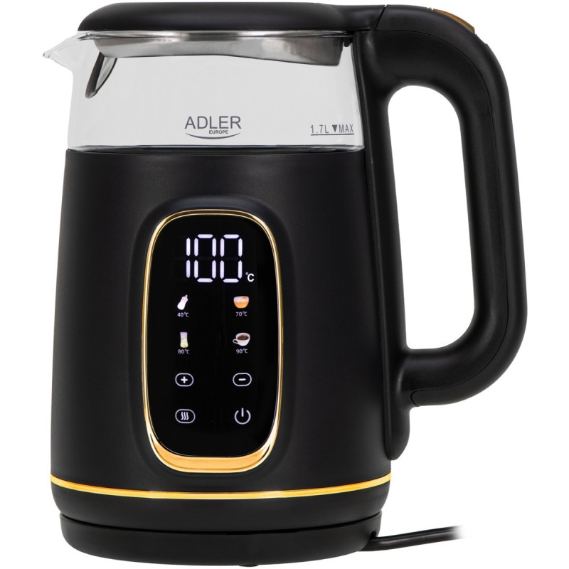 Електрочайник Adler AD 1305 black gold 1850-2200Вт/ 1.7л/ скло/ встановлення температури/