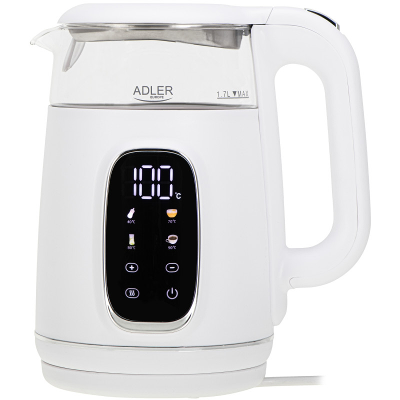 Електрочайник Adler AD 1305 white silver 1850-2200Вт/ 1.7л/ скло/ встановлення температури/