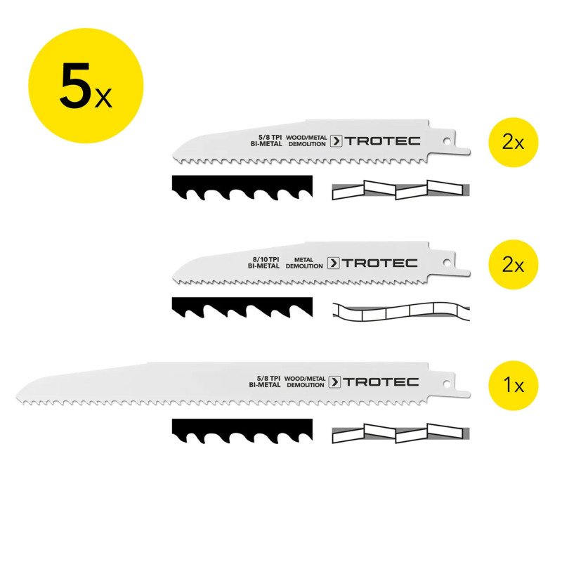 Набор пильных полотен для пилы сабельной Trotec 5 pieces Wood/Metal Set (6215001201)