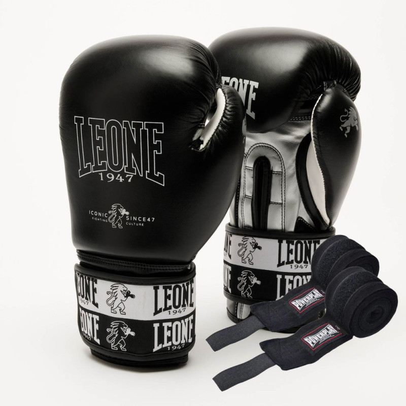 Боксерські рукавиці Leone GN208 ICONIC Black 16 унцій (бинти 4 м. в комплекті)
