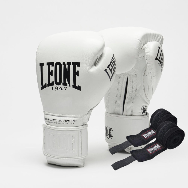 Боксерські рукавиці Leone GN111 THE GREATEST White 16 унцій (бинти 4 м. в комплекті)