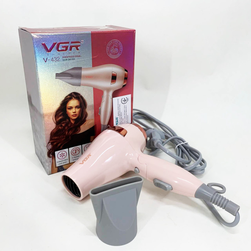 Фен для волос дорожный VGR V-432 PINK, с концентратором 1000 Вт, ионизация и 2 режима. Цвет: розовый