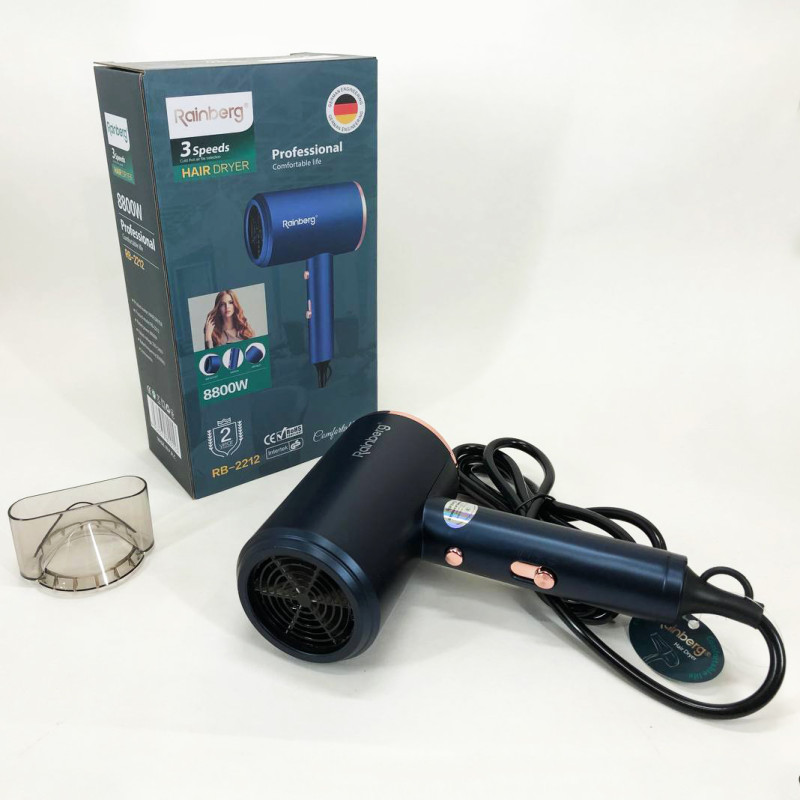 Фен Rainberg RB-2212 8800Вт с регуляцией температуры и скорости для сушки и укладки волос Blue