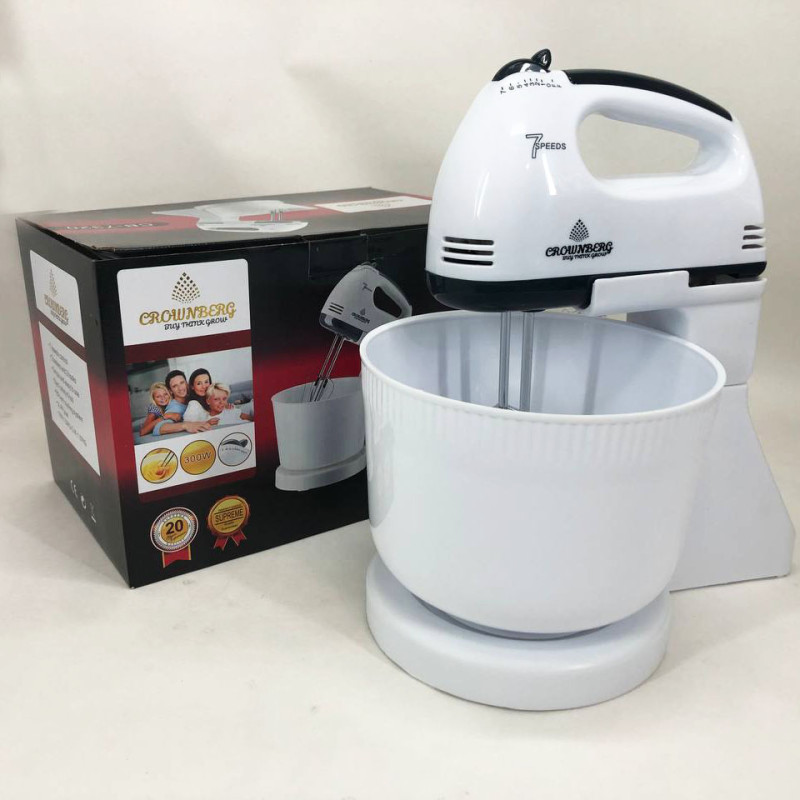 Миксер Crownberg CB-7320 ручной с подставкой и емкостью 2л 300 Вт на 7 скоростей, кухонный тестомес