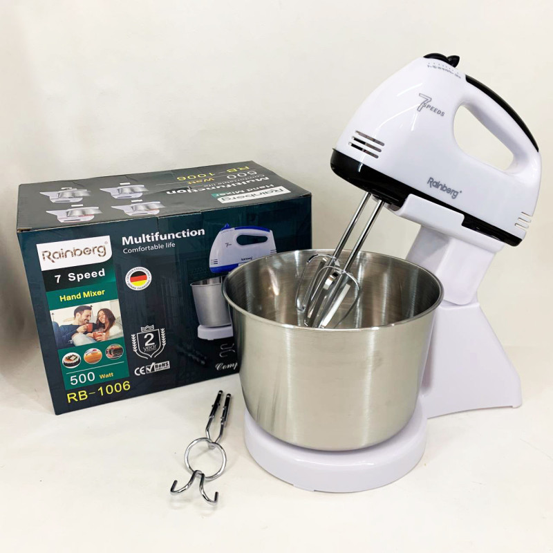 Стационарный электрический миксер с чашей Rainberg RB-1006 500W с насадками для замешивания теста Black
