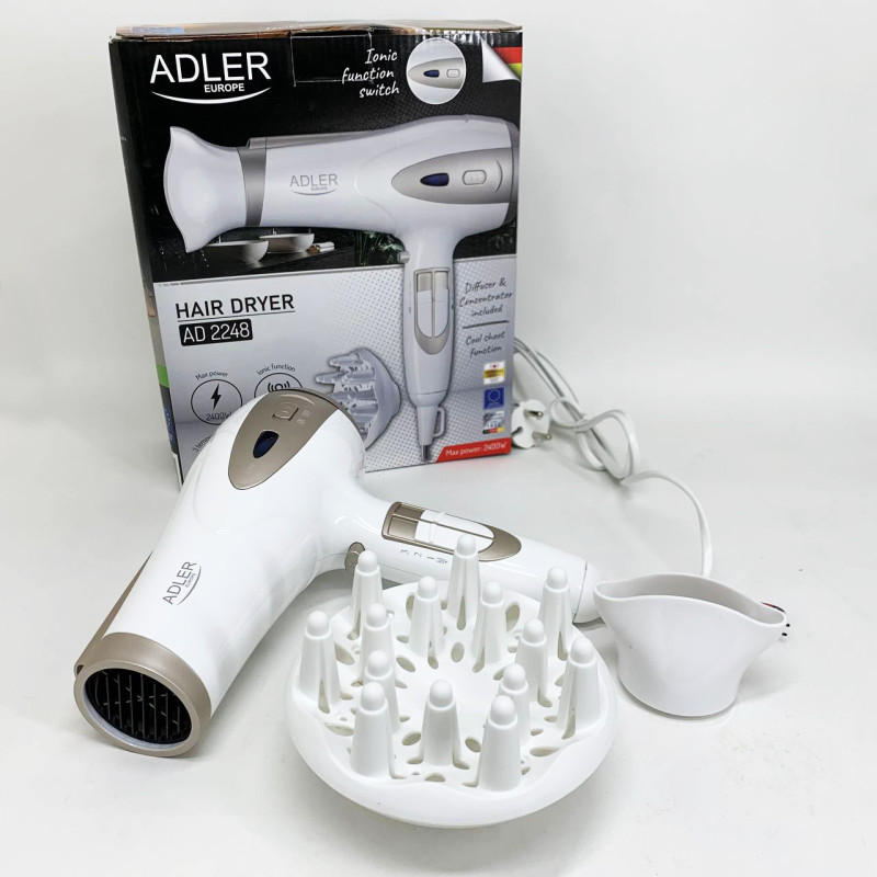 Электрический фен для волос Adler AD-2248 White 2400Вт для укладки и сушки с насадками с ионизацией