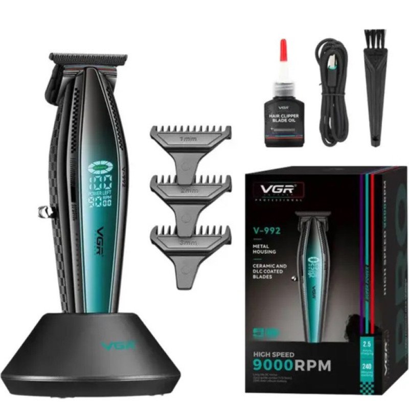 Машинка для стрижки волос с мощным мотором XPRO VGR V-992 GREEN с насадками 1-2-3 мм