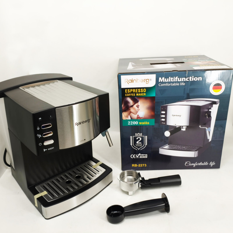 Кофемашина рожковая эспрессо Rainberg RB-2273 2200Вт с капучинатором 1.6л, кофеварка полуавтоматическая