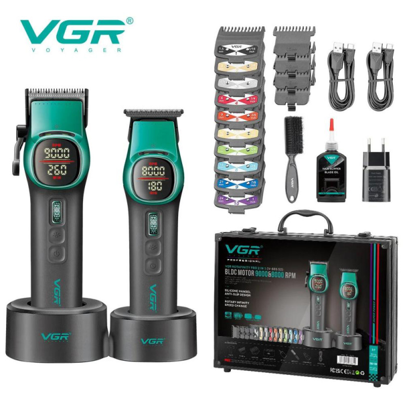 Комплект VGR 2 в 1 V-885 S2 GREEN, аккумуляторная машинка для стрижки и триммер