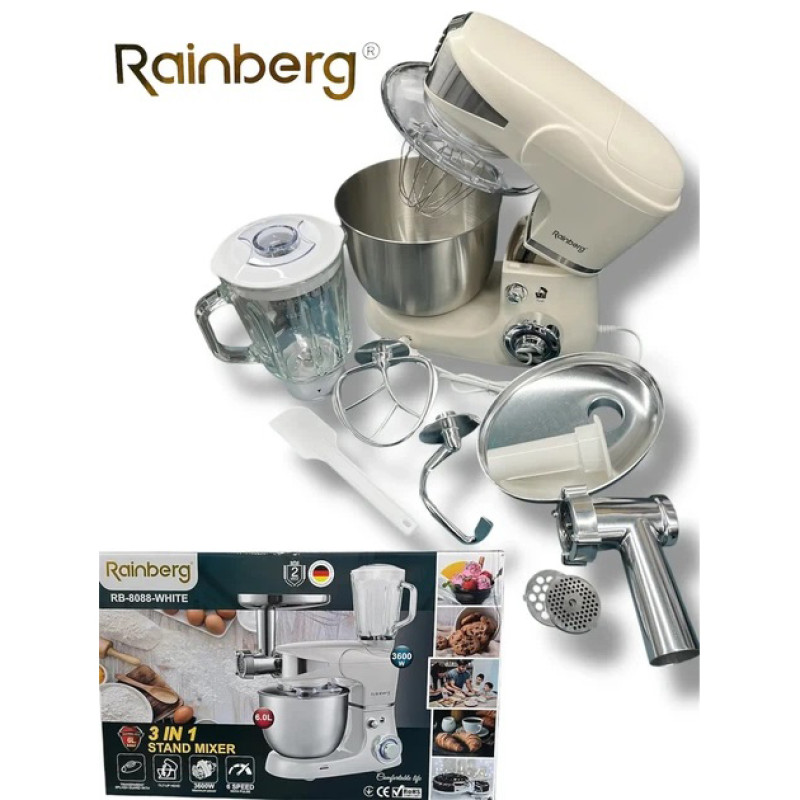 Универсальный кухонный комбайн Rainberg RB-8088 6л мясорубка, блендер 3600Вт Планетарный тестомес White