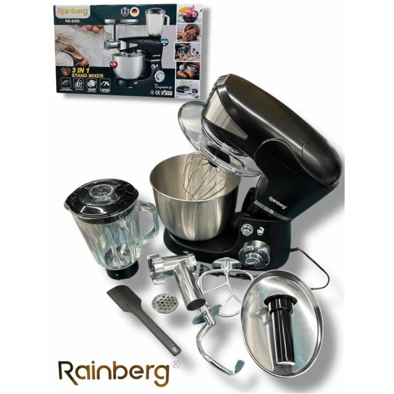 Универсальный кухонный комбайн Rainberg RB-8088 6л мясорубка, блендер 3600Вт Планетарный тестомес Black