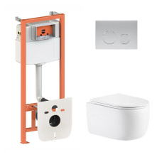 Готовое решение Qtap для ванной комнаты: подвесной унитаз Taurus Ultra Quiet 515×360×350 + комплект инсталляции Nest 4 в 1 (круглая клавиша Satin)