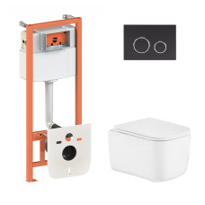 Готовое решение Qtap для ванной комнаты: подвесной унитаз Gemini Ultra Quiet 485×340×350 + комплект инсталляции Nest 4в1 (круглая клавиша Matt Black)