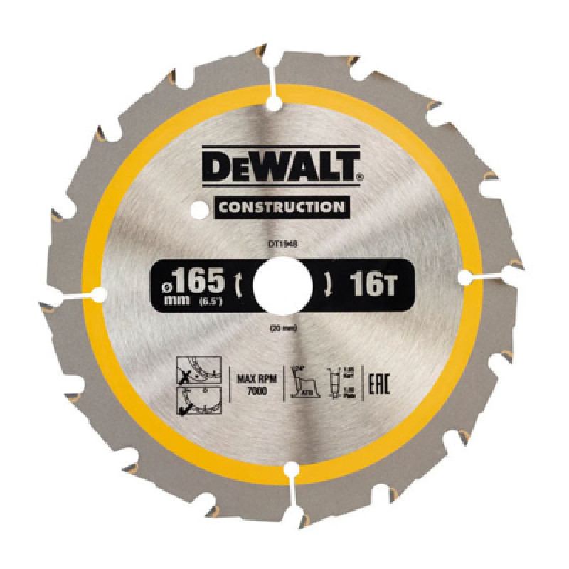 Диск пильный DeWALT CONSTRUCTION 165 х 20 мм, 16z (ATB), 20 градусов (DT1948)