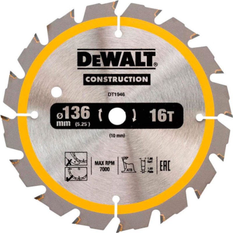 Диск пильный DeWALT СONSTRUCTION , 136 х 10, 16 z, АТВ, 20 градусов (DT1946)