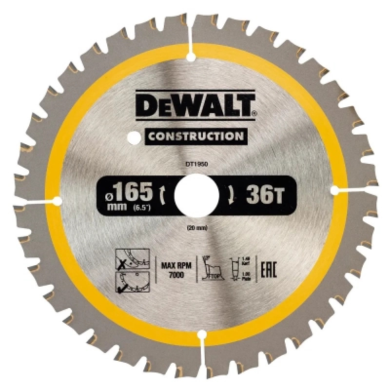 Диск пильный DeWALT CONSTRUCTION 165 х 20 мм, 36 z (ATB), 20 градусов (DT1950)