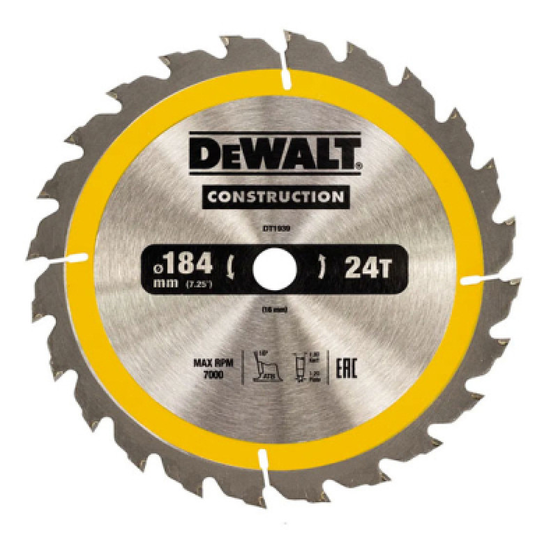 Диск пильный DeWALT CONSTRUCTION, 184 х 16 мм, 24z (ATB), 16 градусов (DT1939)
