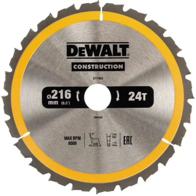 Диск пильный DeWALT CONSTRUCTION 216 х 30 мм, 24z (ATB) - 5 градусов (DT1952)