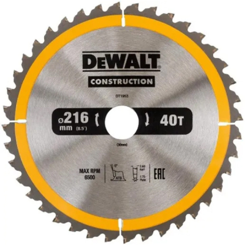 Диск пильный DeWALT СONSTRUCTION , 216 х 30, 40 z, АТВ, -5 градусов, универсальное применение (DT1953)