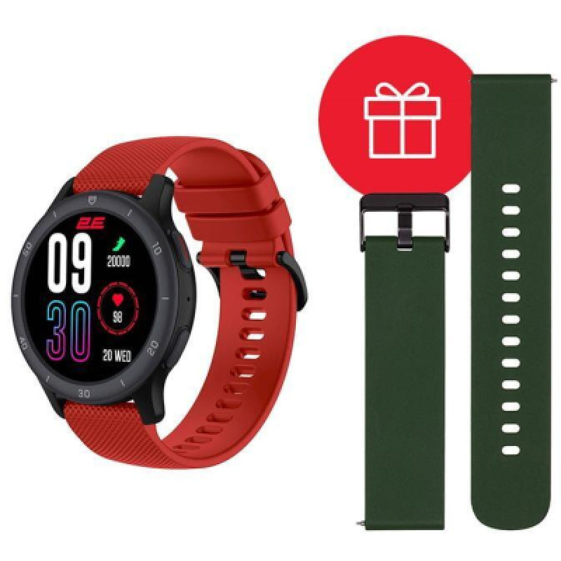 Смарт-часы 2E Motion GT2 47mm Black-red + ремінець зелений (2E-CWW21BKRD-WS)
