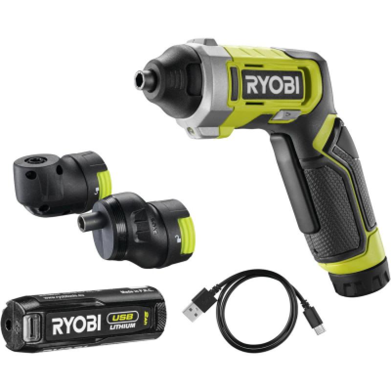 Отвертка аккумуляторная Ryobi RSD4-120TA2, USB Lithium, 4V, 1х2Ah, 5Нм, 200об/мин, 2 насадки, 10 бит, кейс (5133006211)