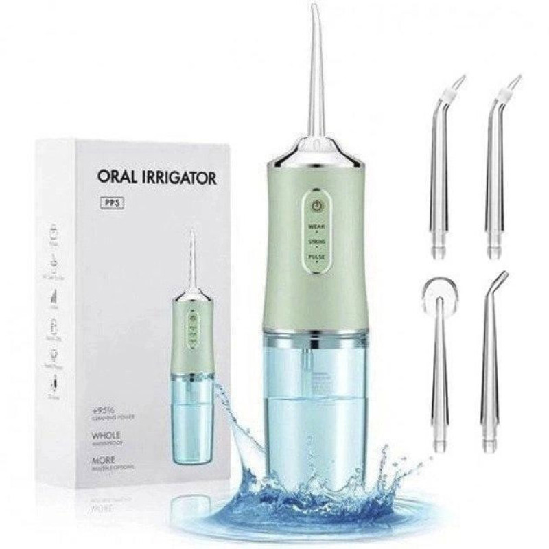Ирригатор для чистки зубов и полости рта Oral Irrigator с аккумулятором и сменными насадками. Цвет: зеленый
