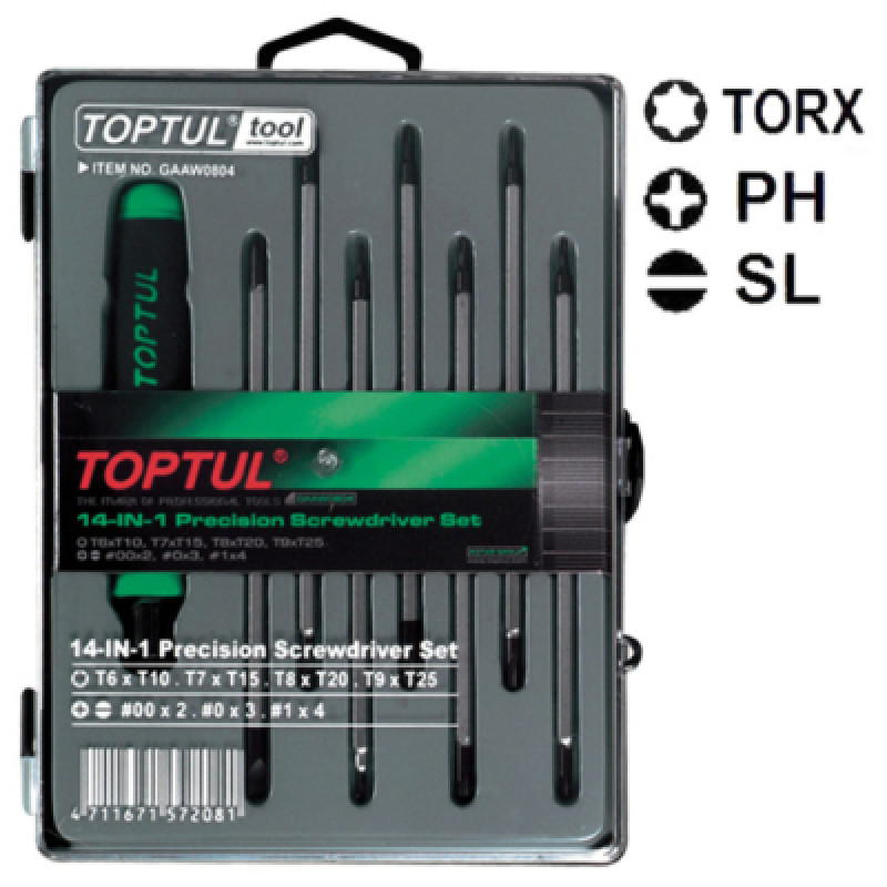 Набор отверток Toptul для точных работ 14 в 1 (T5-T20,PH,SL) (GAAW0804)